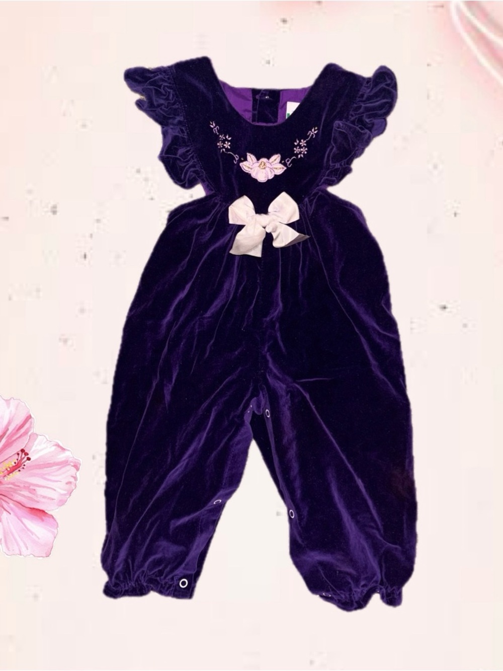 True Vintage Velvet Purple Baby Romper Onsie with Bow